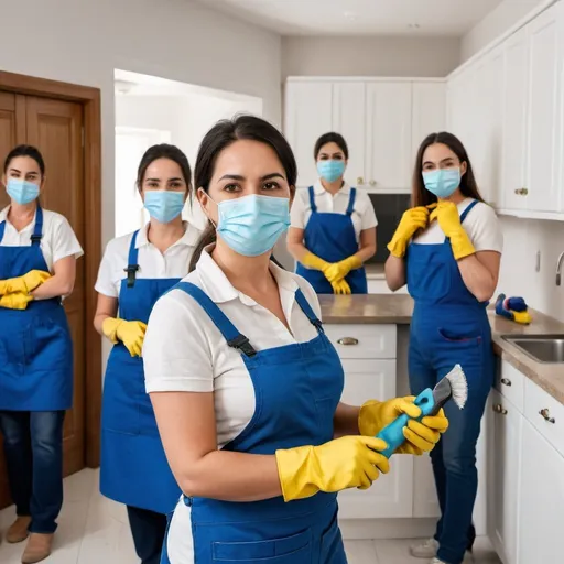 Prompt: A blue collar worker that is clean and sophisticated and enjoying their work and look reliable and everyone is happy with their services. Handywoman working with mask and gloves in someone's home, with six women  in one frame working different roles like plumbing, cleaning, fixing the house and other skilled labour around the house.

