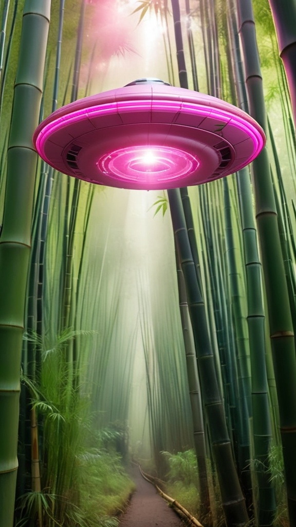 Prompt: A UFO flying radiating pink colour near bamboo forest