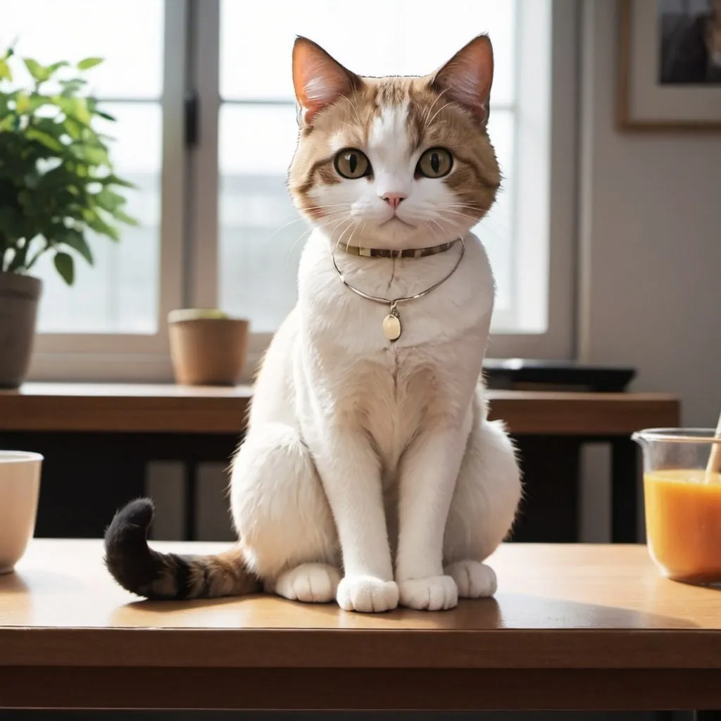 Prompt: An anime cat sitting on the table.