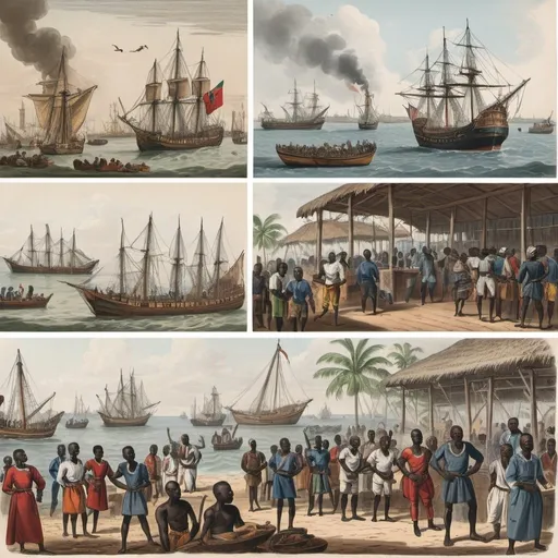 Prompt: Illustrations of bustling trade scenes, Portuguese ships docking at Benin’s shores, and Esigie engaging with European ambassadors.