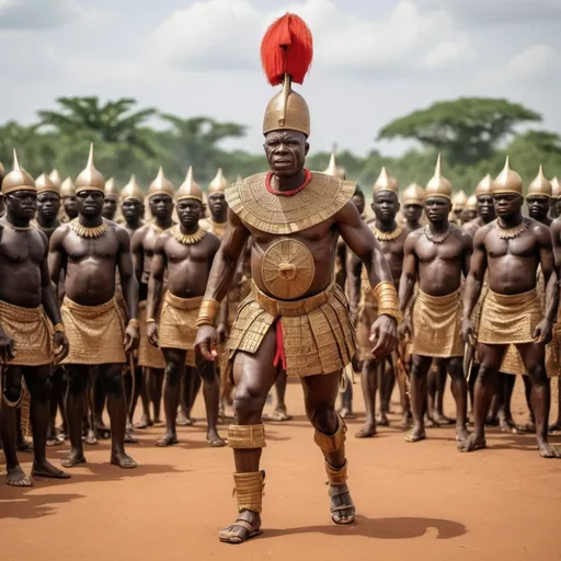 Prompt: Battle and fighting scenes showing Oba Esigie of Benin in traditional Benin battle regalia commanding his warriors in traditional armor, fighting against foreign invaders in benin land. show benin land in the background