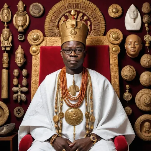 Prompt: Portrait of a regal Oba Esigie dressed in traditional Benin royal attire, surrounded by symbols of his reign, such as the palace and artifacts.