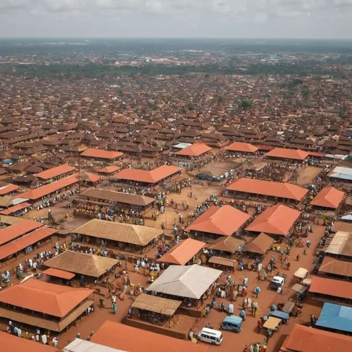 Prompt: Aerial view of modern Benin City transitioning to historical depictions of the ancient city, showcasing vibrant markets, traditional buildings, and cultural landmarks.