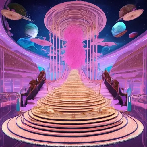 Prompt: In jannat very beautiful massive  very long futuristic stereo style spread on hundreds of planets with thousands of gold staircase towards throne of gold and light blue light pink and light green diamond throne