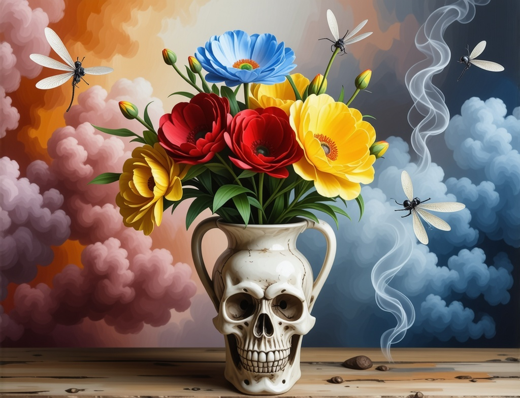 Prompt: My small skull is sniffing huge yellow, red and sky blue flowers in the s - shaped vase with Dragonfly painting. In the background - purple, orange and pink   Small dragonflies blow red, cloud like, s-shaped fumes.