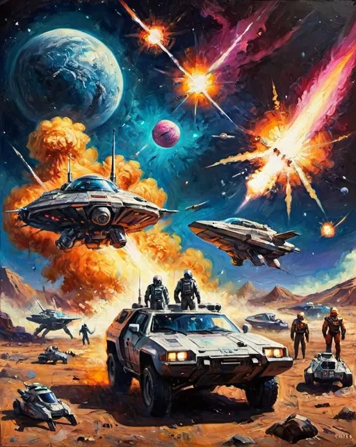 Prompt: A 1980s vintage-style sci-fi movie poster set in space and the future, featuring heroic characters in futuristic military gear. They're surrounded by sleek, advanced vehicles and dramatic explosions on an unknown planet. The backdrop is a star-studded sky with vivid neon colors, showcasing epic space battles and the looming threat of alien invaders.