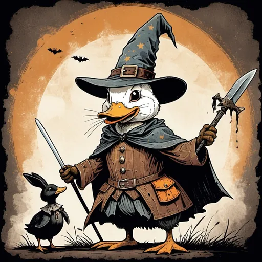 Prompt: A grunge-style 1970s illustration of a magician rabbit, donning a worn-out wizard hat and cape, celebrating Halloween with his knightly duck friend. The rabbit conjures a spell while the duck, clad in rusty armor, holds a sword. Dark, faded colors and gritty textures create a vintage, eerie Halloween atmosphere.