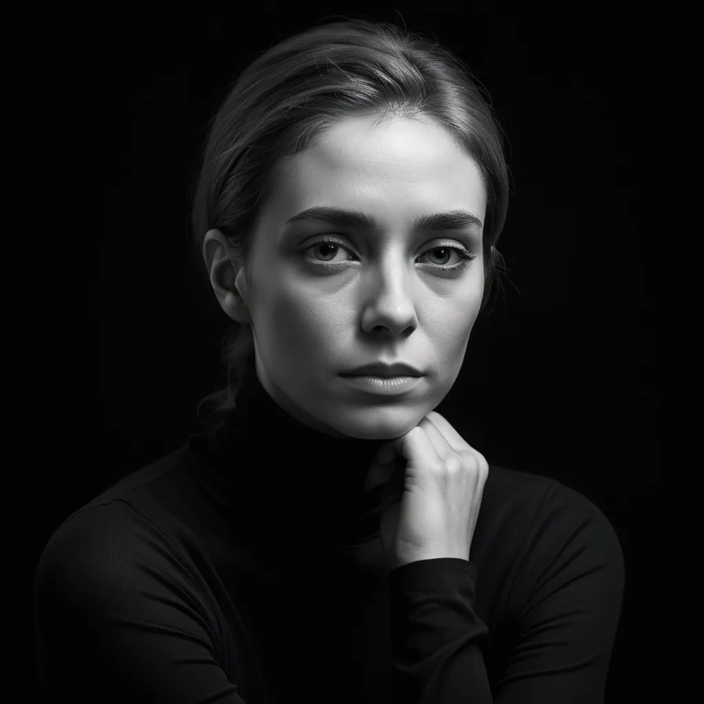 Prompt: A monochrome portrait of a woman from Echoes of Insight, seated against a stark black background in a minimalist and elegant aesthetic. Dressed in a black turtleneck, her features are highlighted as her hands rest gently on a white surface, overlapping slightly. Her neutral expression conveys contemplation, her gaze cast slightly aside. The lighting enhances the contours of her face and short hair.