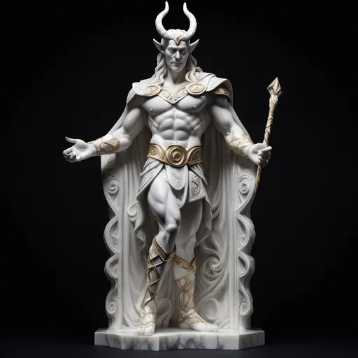 Prompt: A stunning white marble statue of Loki, the Norse god of chaos, standing majestically on a black background. The intricate details of his mischievous expression and elaborate attire are beautifully captured in the sculpture, with the contrast between the pure marble and the dark backdrop emphasizing his enigmatic presence.