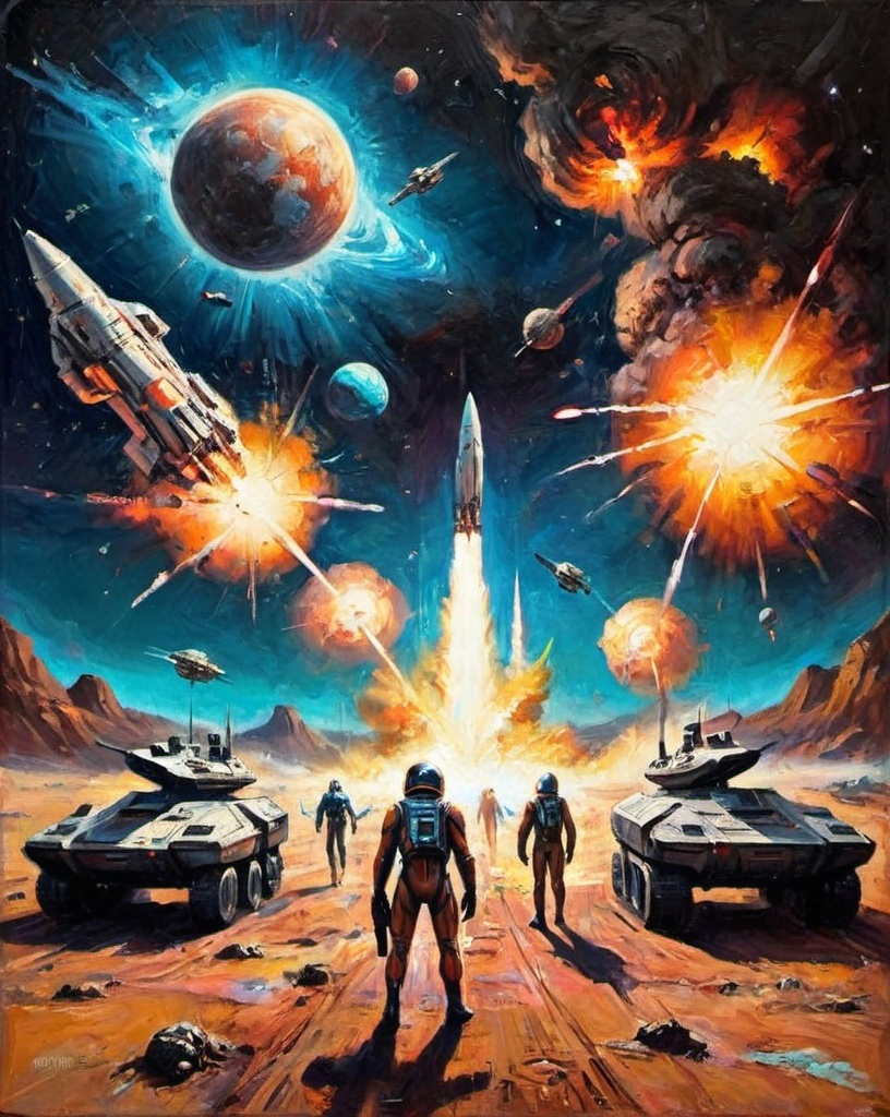 Prompt: A 1980s vintage-style sci-fi movie poster set in space and the future, featuring heroic characters in futuristic military gear. They're surrounded by sleek, advanced vehicles and dramatic explosions on an unknown planet. The backdrop is a star-studded sky with vivid neon colors, showcasing epic space battles and the looming threat of alien invaders.