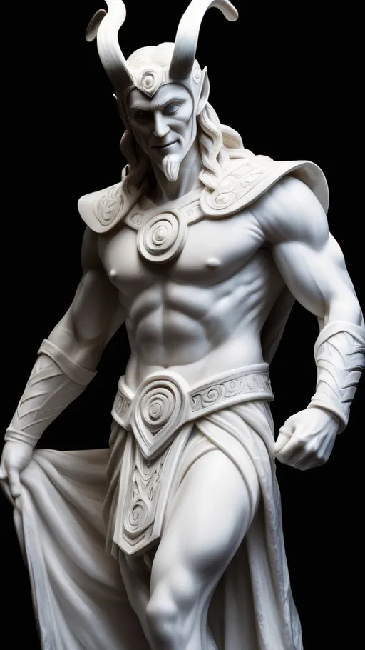 Prompt: An exquisite white marble statue of Loki, the god of chaos, portrayed in a serene yet mischievous stance, against a plain black background. The statue's intricate details, from Loki's flowing robes to his cunning smile, are highlighted by the dark backdrop, creating a dramatic and captivating visual effect.