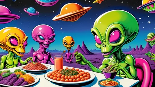 Prompt: Cosmic Culinary Delights: 1980s Cartoon Extravaganza": Craft an image showcasing the eclectic array of rare and bizarre alien cuisine offered by a mysterious vendor on an exotic planet's street. Embrace the vibrant color palette and exaggerated character designs typical of 1980s cartoons, with the vendor sporting quirky attire and a mischievous grin.