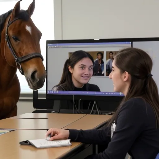 Prompt: zoom meeting with students a female lecturer and a horse in the backround 
  