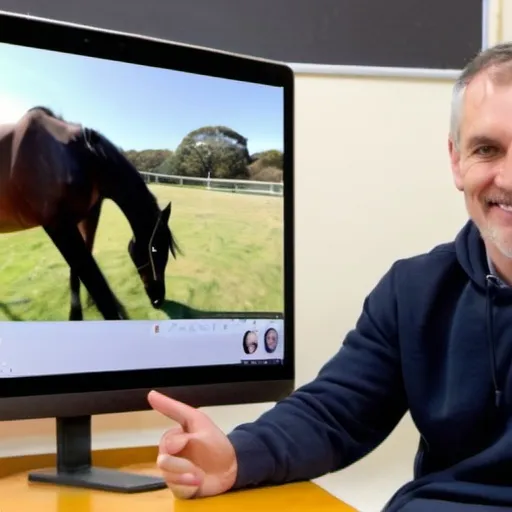 Prompt: male lecturer hosting a zoom meeting with horse in backround
  