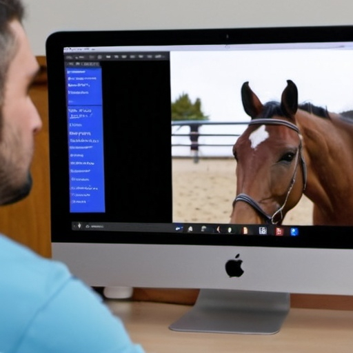 Prompt: zoom meeting with male sporty lecturer looking at a horse
  