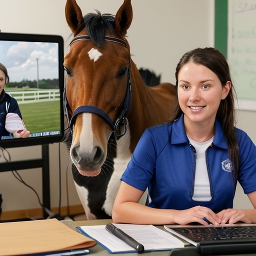 Prompt: sporty woman hosting a webinar with students and a horse in the backround
  