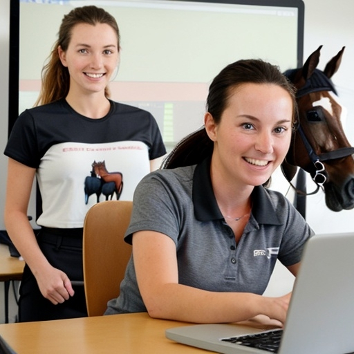 Prompt: sporty woman hosting a webinar with students and a horse in the backround
  