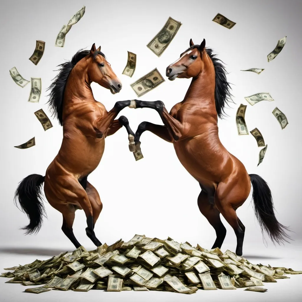 Prompt: two horses dancing with money around them 

