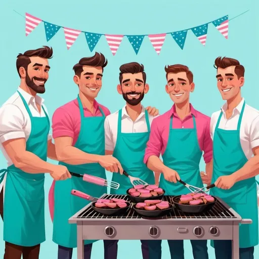 Prompt: A group of handsome men in aprons grilling and celebrating the Fourth of July.  Cartoon style with turquoise and pink 