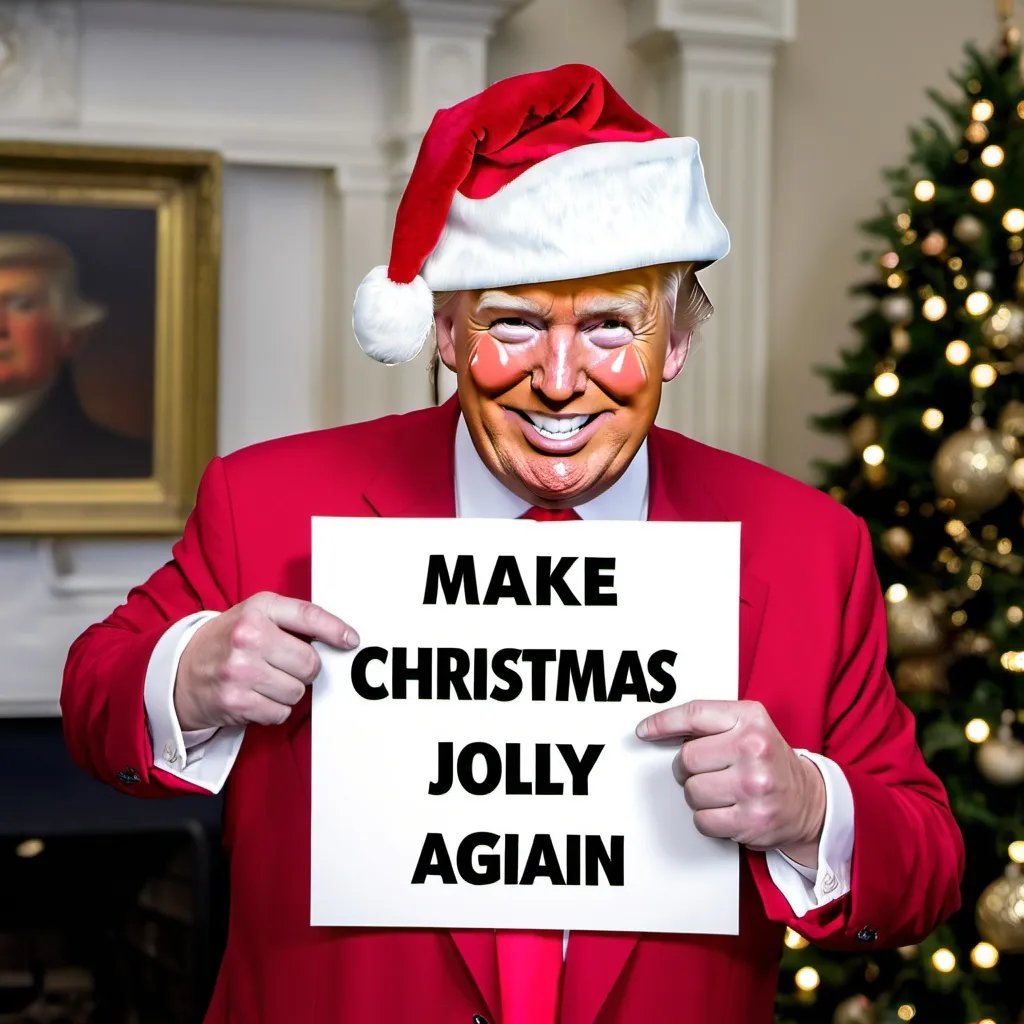 Prompt: Donald trump smiling wearing Santa hat
Holding a sign saying “Make Christmas Jolly Again”