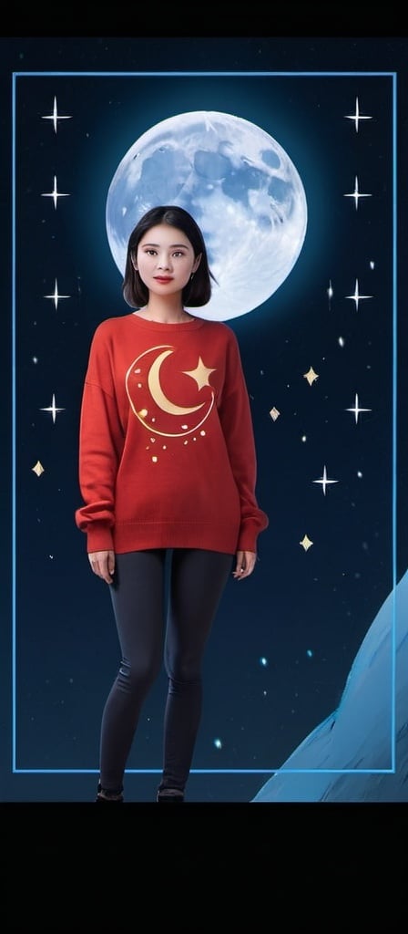 Prompt: a woman in a red sweater is standing in front of a moon and stars background with a blue frame, Ai Xuan, space art, promotional image, a character portrait