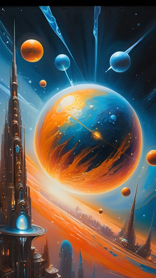 Prompt: In the mesmerizing acrylic painting, an ethereal artificial planet captivates with swirling colors of electric blues and fiery oranges, contrasting against a backdrop of deep space. The main subject is a majestic floating city, adorned with intricate golden spires that shimmer in the celestial light. The image, a meticulously detailed and entrancing work of art, draws viewers in with its otherworldly beauty and masterful execution.