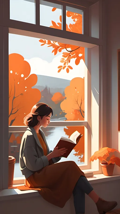 Prompt: a woman sitting at a window sill drinking a cup of coffee and reading a book, looking out the window, Atey Ghailan, art photography, autumn, a storybook illustration