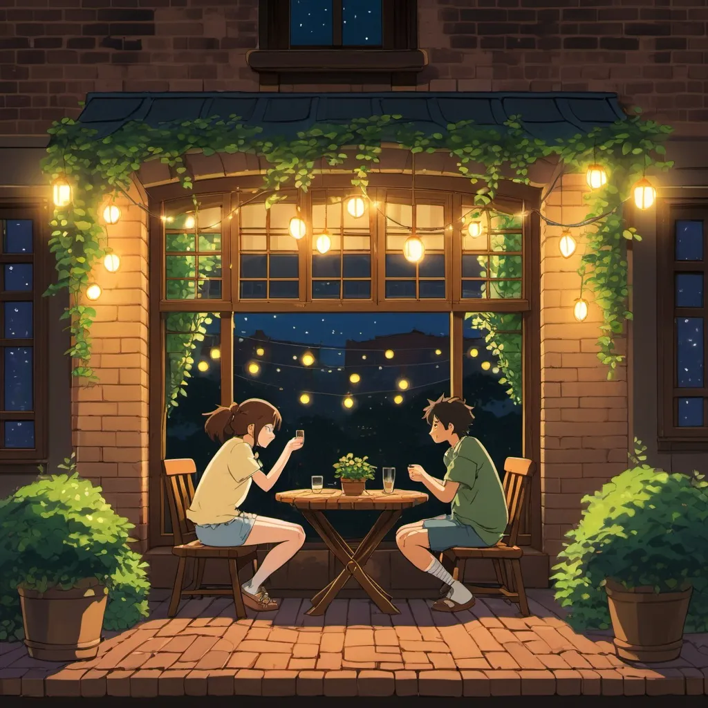 Prompt: 2d studio ghibli anime style Digital anime illustration of a couple sitting in a cozy outdoor patio at night. The layout features a brick wall with two large windows, both illuminated from the inside with a warm, golden light. The wall is adorned with lush green ivy and strings of many fairy lights, creating a festive and inviting atmosphere. Below the windows, there is a wooden table set with a vase of flowers and surrounded by benches and chairs, each with red cushions. The patio floor is made of cobblestone, adding to the rustic charm. Two wall-mounted lanterns on either side of the windows provide additional warm lighting. The overall scene exudes a sense of warmth and tranquility, perfect for an evening gathering.