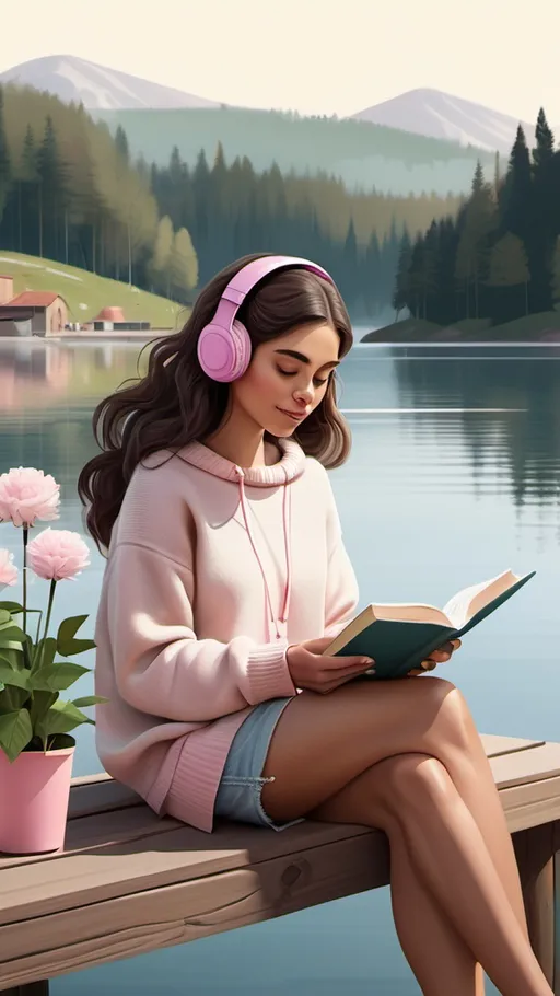 Prompt: Digital illustration featuring a serene lakeside scene. The layout is horizontal, with the subject centered. A young woman with long, wavy dark hair, wearing a beige sweater and pink headphones, is sitting on a wooden dock. She is reading a book, with her legs crossed and a relaxed posture. Next to her, there is a bouquet of flowers and a takeaway coffee cup. The background showcases a calm lake with a misty, pastel-colored skyline and faint silhouettes of buildings and trees. The overall color palette is soft and muted, creating a peaceful and contemplative atmosphere.