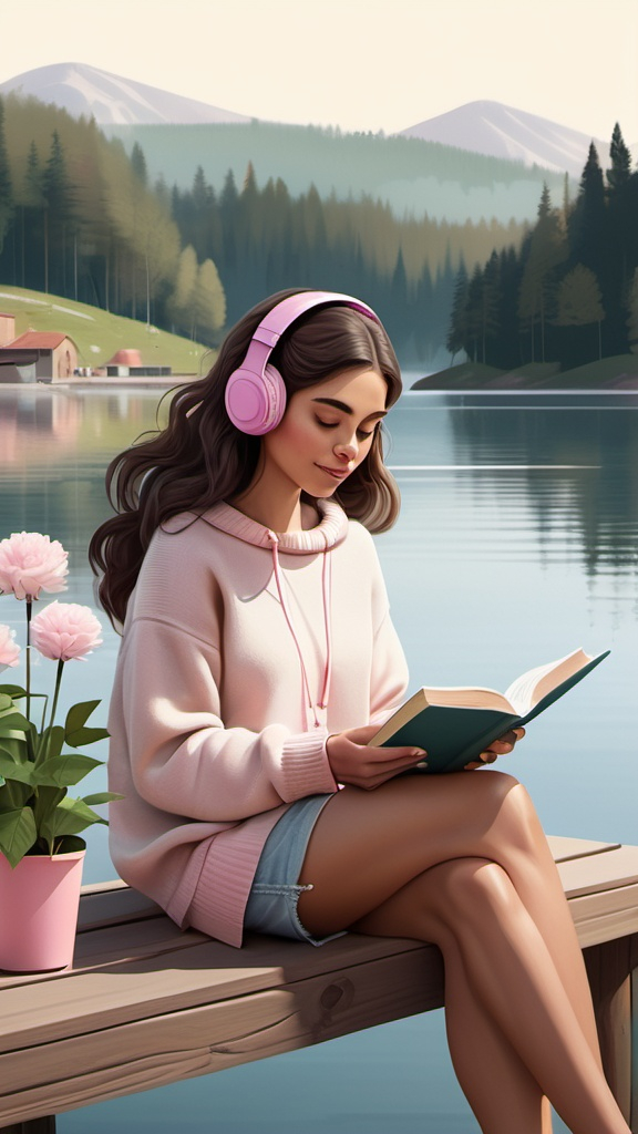 Prompt: Digital illustration featuring a serene lakeside scene. The layout is horizontal, with the subject centered. A young woman with long, wavy dark hair, wearing a beige sweater and pink headphones, is sitting on a wooden dock. She is reading a book, with her legs crossed and a relaxed posture. Next to her, there is a bouquet of flowers and a takeaway coffee cup. The background showcases a calm lake with a misty, pastel-colored skyline and faint silhouettes of buildings and trees. The overall color palette is soft and muted, creating a peaceful and contemplative atmosphere.