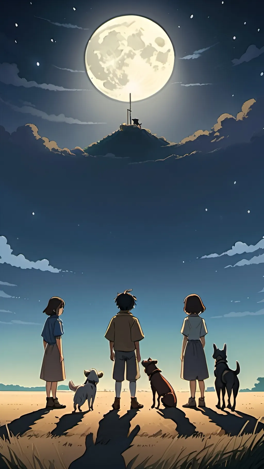 Prompt: A studio ghibli style 2d anime of a group of people standing around a dirt field under a full moon sky with a dog on the ground, Chen Chun, art photography, matte painting, a detailed matte painting