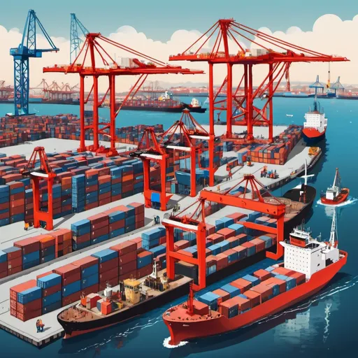 Prompt: a tehcno style illustration of port where containers, ships, crane and workers are more traditional but the background is full of digits