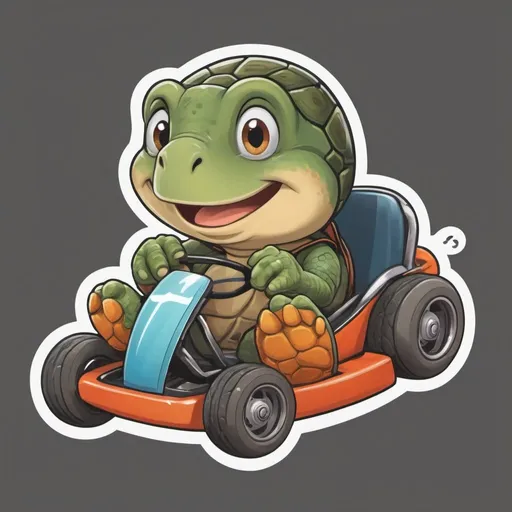 Prompt: A cute sticker vector graphic of a happy turtle driving a go kart