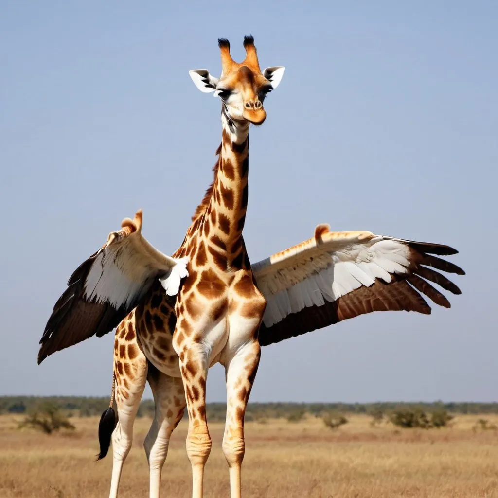 Prompt: stock photo of a giraffe with wings like an eagle