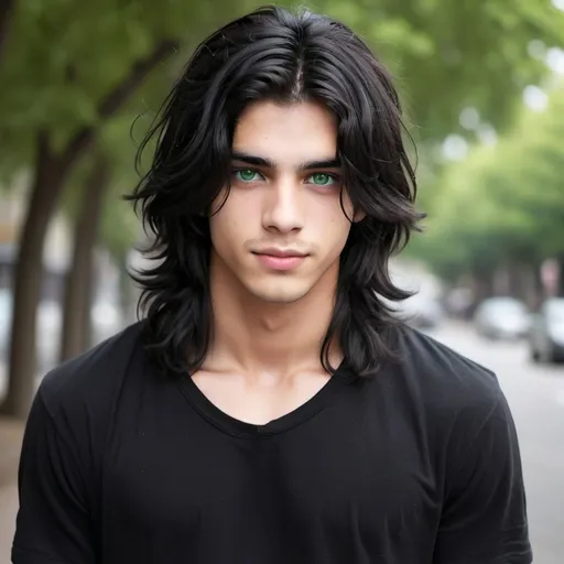 Prompt: Man black long hair dark green eyes 18 years old black style but cute and hot