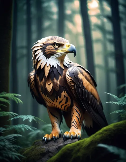 Prompt: Eagle-Tiger hybrid in a mystical forest, animal hybrid of an eagle and a tiger, mix of tiger and eagle, high quality, atmospheric lighting