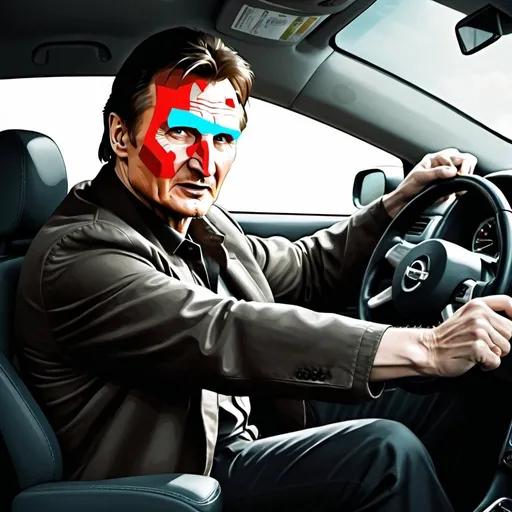 Prompt: Illustrate an action movie image with Liam Neeson from taken driving in a Nissan brand car.