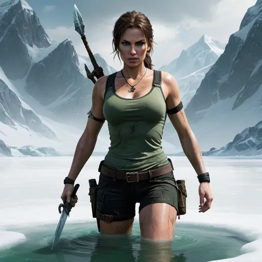 Prompt: Lara Croft emerging from the water in a frozen lake, wearing a green top and black shorts, grasping a dagger, realistic
