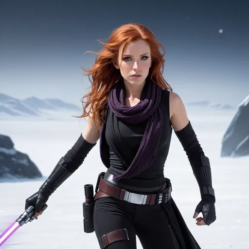 Prompt: A full body shot of Mara Jade, physically fit with red hair, in a black sleeveless outfit with a scarf, wielding a purple lightsaber, prowling in a spaceport on the ice planet Hoth, with her eyes closed, looking at the ground, realistic
