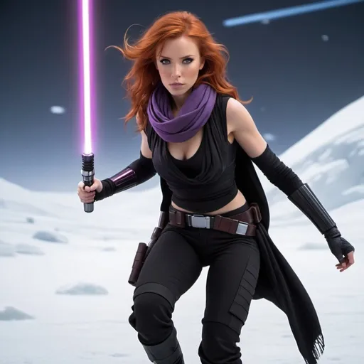 Prompt: A full body shot of Mara Jade, physically fit with red hair, in a black sleeveless outfit with a scarf, wielding a purple lightsaber, prowling in a spaceport on the ice planet Hoth, with her eyes closed, looking at the ground, realistic
