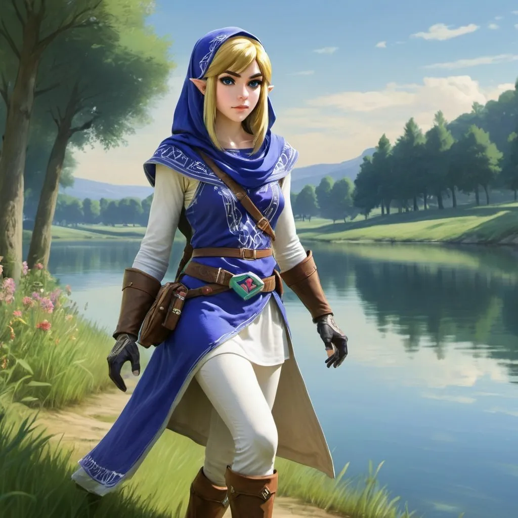 Prompt: Zelda as Sheik prowling near Lake Hylia from legend of Zelda, realistic
