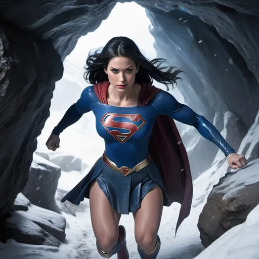 Prompt: A wide full body shot of Supergirl, with black hair and blue streaks, wearing a black and blue weathered outfit, slamming into the ground with her hand in a snowy mountain cave, realistic

