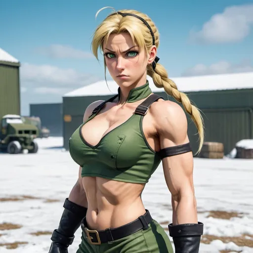 Prompt: A full body shot of a beautiful physically fit Cammy from Street Fighter, with short blonde hair, in a weathered green and black skimpy outfit, posing in a battlefield in a snowy airfield in England, with a scowling look, realistic