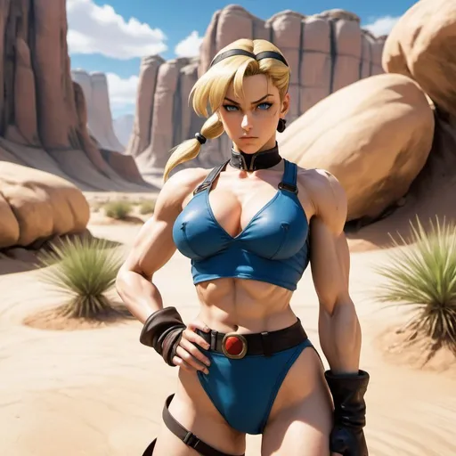 Prompt: A full body shot of a beautiful physically fit Cammy from Street Fighter, with short blonde hair, in a weathered blue and black skimpy outfit, posing in a desert oasis, with a scowling look, realistic