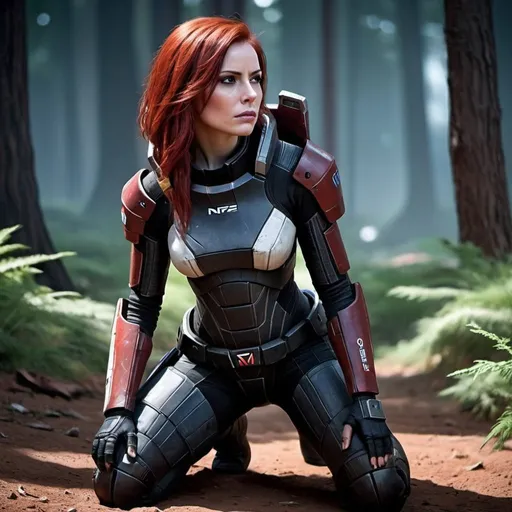 Prompt: A full body shot of a female Commander Shepherd from Mass Effect, who looks like Karen Gillan, with long red hair and black highlights, wearing black and red armor with N7 on the chest, kneeling taking cover from weapon fire around a space station on a forested planet, with an angry look, looking off to the side, realistic

