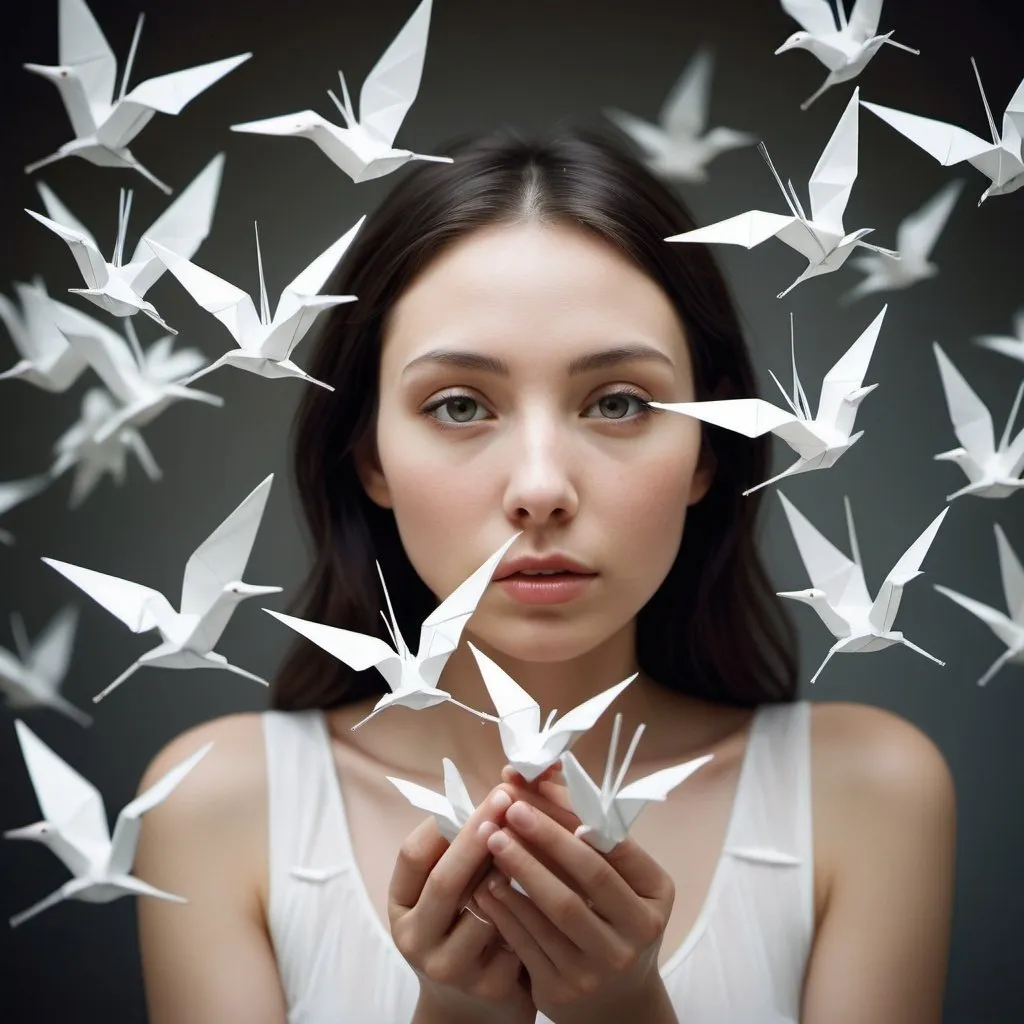 Prompt: A captivating and surreal conceptual self-portrait, where the model's face is subtly hidden by a flock of delicate, white origami paper cranes in flight. The shallow depth of field emphasizes the model's face, while the high-key lighting creates a soft, ethereal atmosphere. The cranes appear to be taking off from the model's outstretched hands, adding a sense of magic and whimsy to the scene.
