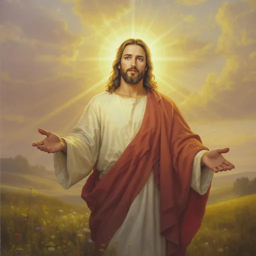 Prompt: A serene and evocative portrait of Jesus Christ, capturing Him in a moment of quiet contemplation. Set against a golden dawn sky, soft rays of sunlight break through scattered clouds, illuminating His gentle face with a divine glow. Jesus stands with His arms outstretched, clad in flowing, simple robes of off-white and deep burgundy, symbolizing humility and sacrifice. His expression is peaceful yet profound, eyes reflecting a deep wisdom and compassion. Surrounding Him, an ethereal landscape of rolling hills and blooming wildflowers adds to the tranquility of the scene. This image conveys a sense of hope and serenity, suggesting the dawn of a new beginning. The style is a mix of dreamlike realism and classical portraiture, embracing warm tones to enhance the sacred atmosphere.