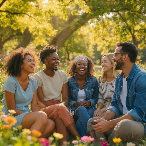 Prompt: Capture a candid moment of a diverse group of people gathered in a sunlit park, laughter and conversation echoing in the air. The scene is filled with lush greenery, the vibrant colors of flowers blooming around them, and dappled sunlight filtering through the trees, casting playful shadows on the ground. Each person is expressed uniquely—some mid-laughter, others engaged in deep conversation, radiating warmth and connection. A gentle breeze stirs the leaves, subtly moving their hair and clothing, adding dynamism to the composition. The image should evoke a sense of community and joy, presented with a photorealistic style that enhances the lifelike details and emotions of the moment.