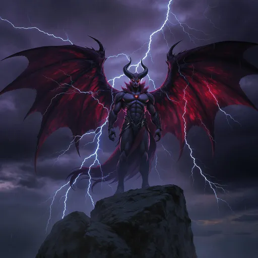 Prompt: Envision a striking image of Lucifer, standing confidently atop a craggy cliff under a stormy, twilight sky. Jagged lightning intermittently illuminates his imposing figure, highlighting his fierce, ethereal beauty. His deep crimson wings spread wide, capturing glimmers of fading sunlight as they flutter gently in the cold wind. Lucifer's intense, captivating gaze pierces through the gathering darkness, a mix of defiance and allure reflected in his eyes. The clouds above swirl ominously, tinted in shades of deep purple and black, while a distant rumble of thunder echoes the raw power he embodies. This scene is infused with a cinematic lighting style, enhancing the dramatic tension of the moment.