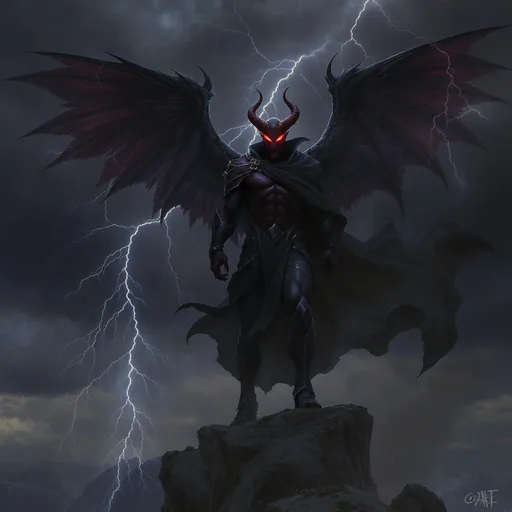 Prompt: Visualize Lucifer as a striking figure, standing atop a jagged cliff against a backdrop of a stormy sky. Dark, billowing clouds swirl ominously, occasionally illuminated by flashes of lightning that cast an eerie glow on his features. His flaming red eyes gleam with a mix of power and mischief, while a faint smirk plays on his lips, suggesting both confidence and rebellion. Dark, feathered wings, partially unfurled, ripple in the tempestuous wind, contrasting vividly against his sleek, flowing black robe that whispers around him. The rugged landscape below, shrouded in shadows, hints at the chaos he embodies. Suggest a dark fantasy concept art style, emphasizing dramatic lighting and vivid contrasts to enhance the atmospheric intensity.